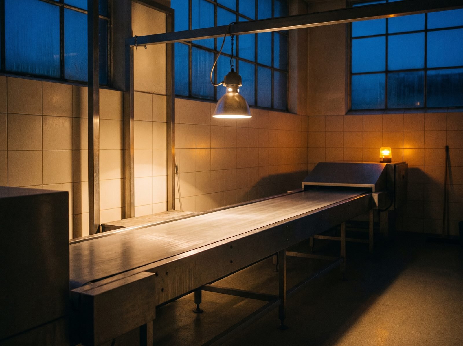 An idle food production line at night