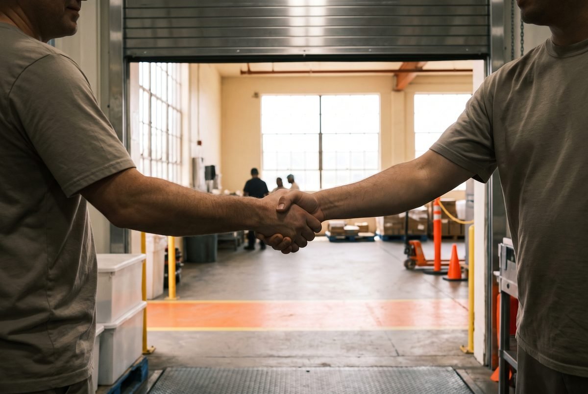 A meeting at the plant door